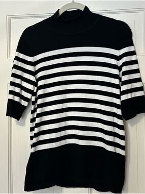 Philosophy M Black Ribbed Knit Sweater Top Short Sleeve Mock Neck Capsule Piece